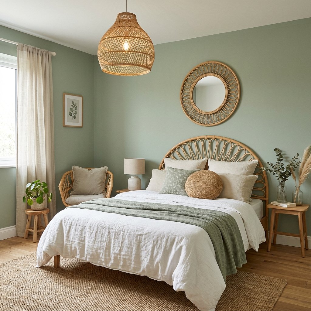 33 Sage Green Bedroom Ideas You'll Want to Pin Now 29 Rattan and Sage Green Bedroom Idea