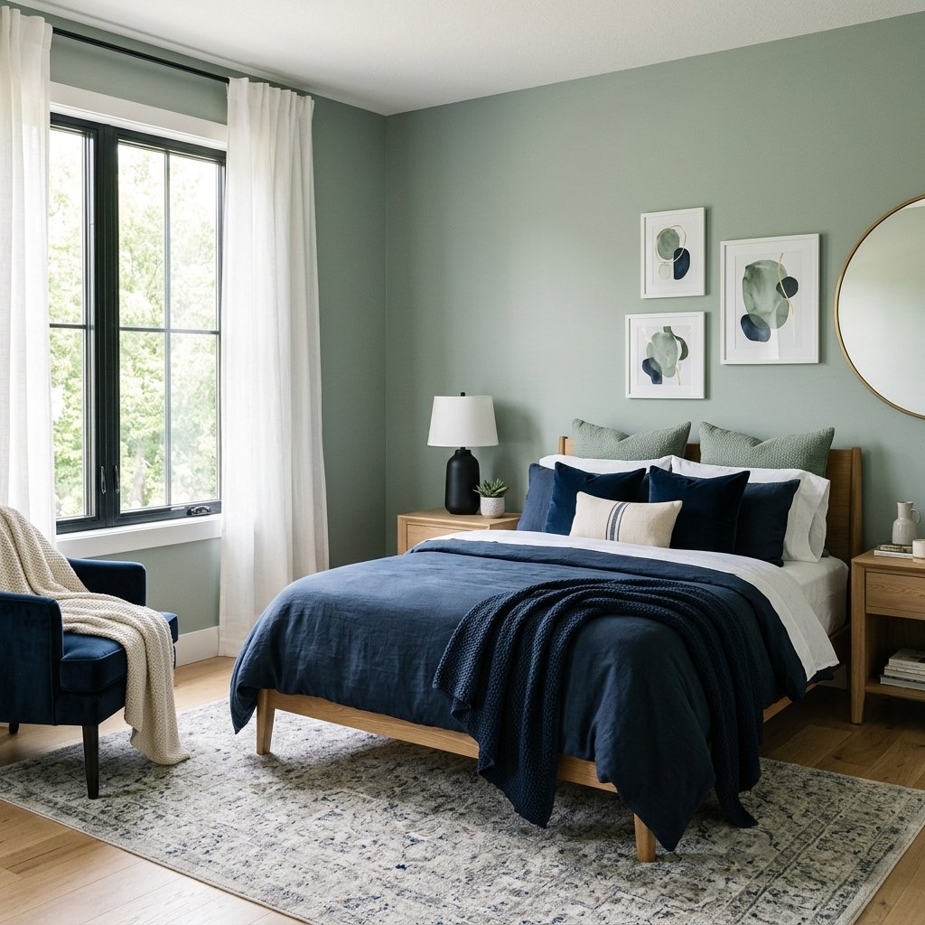 33 Sage Green Bedroom Ideas You'll Want to Pin Now 8 Sage Green and Navy Blue Bedroom Idea