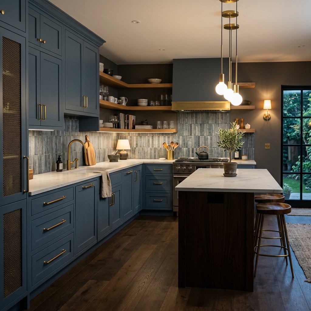23 Modern Kitchen Color Combinations Ideas You'll Want to Pin Now 20 Slate Blue and Brass Kitchen Ideas