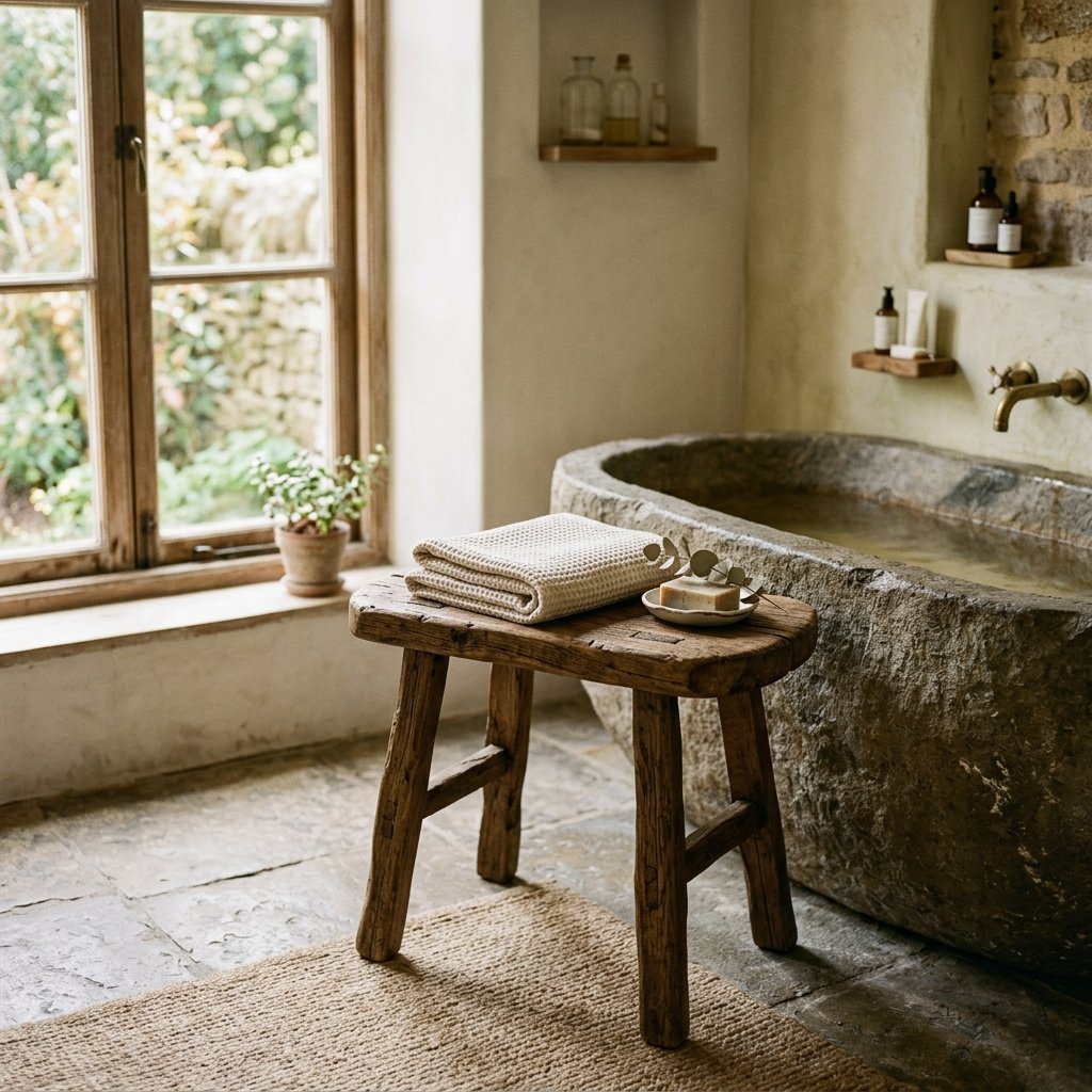 27 Wabi Sabi Bathroom Ideas That Feel Calm, Raw & Beautiful 22 Rustic Wooden Stool Ideas