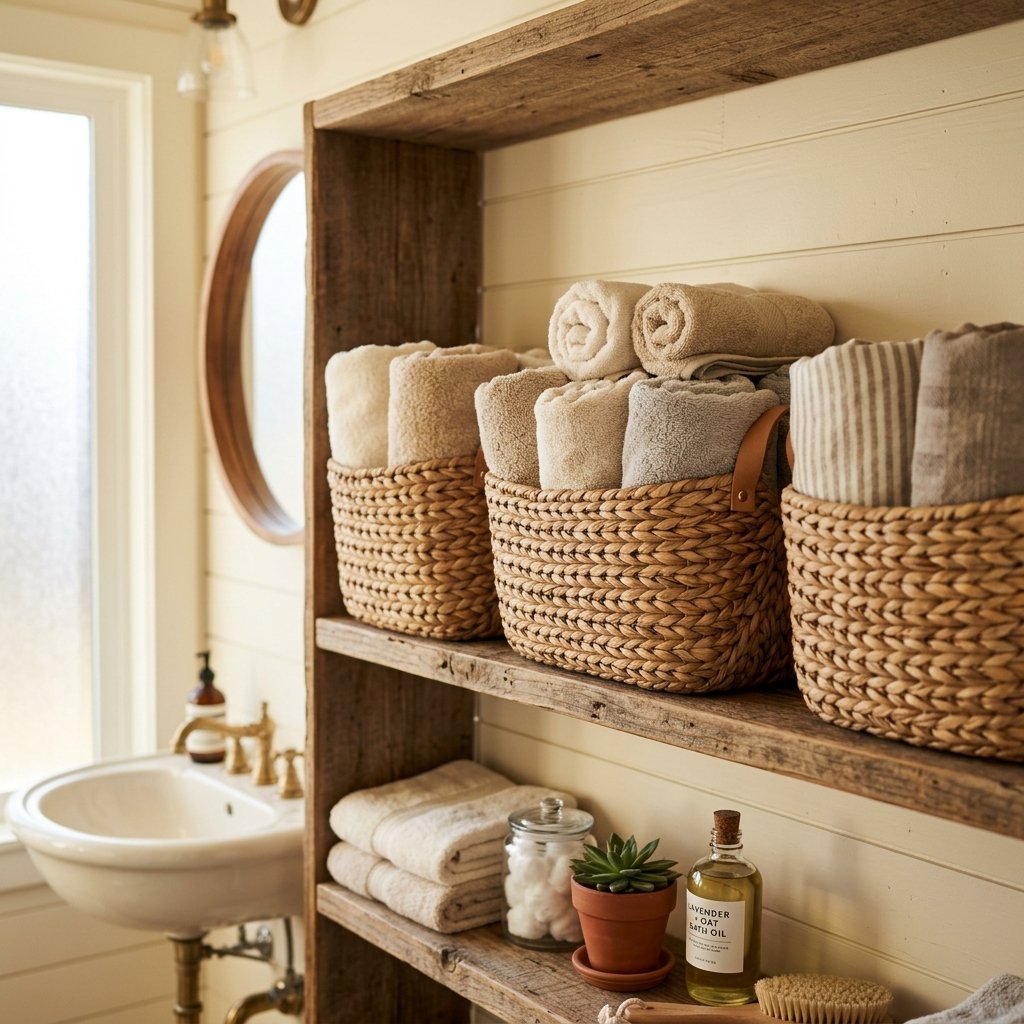 27 Wabi Sabi Bathroom Ideas That Feel Calm, Raw & Beautiful 17 Woven Basket Storage Ideas