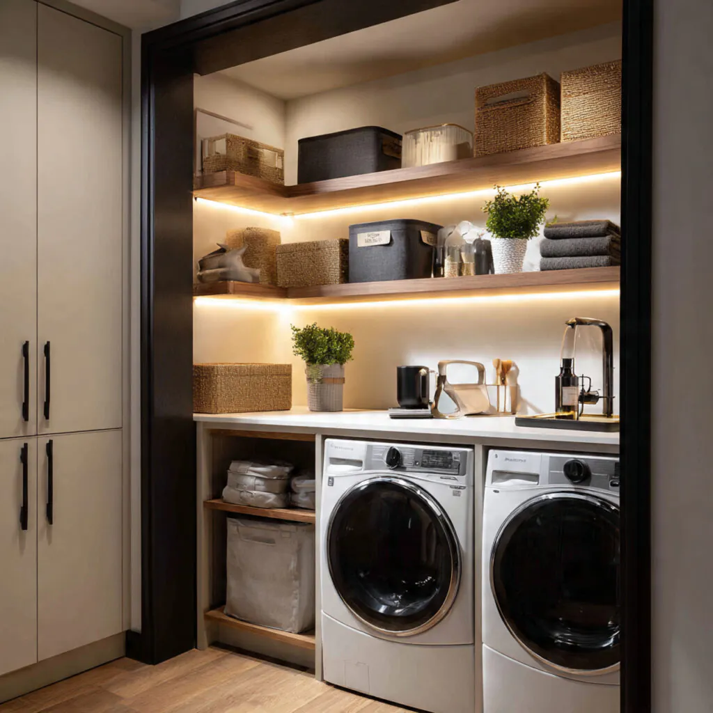 a laundry room pantry enhanced with led