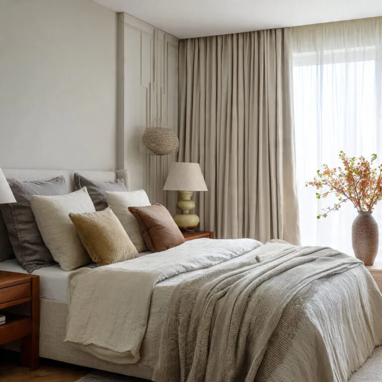 Neutral Layered Bedroom Curtain Ideas