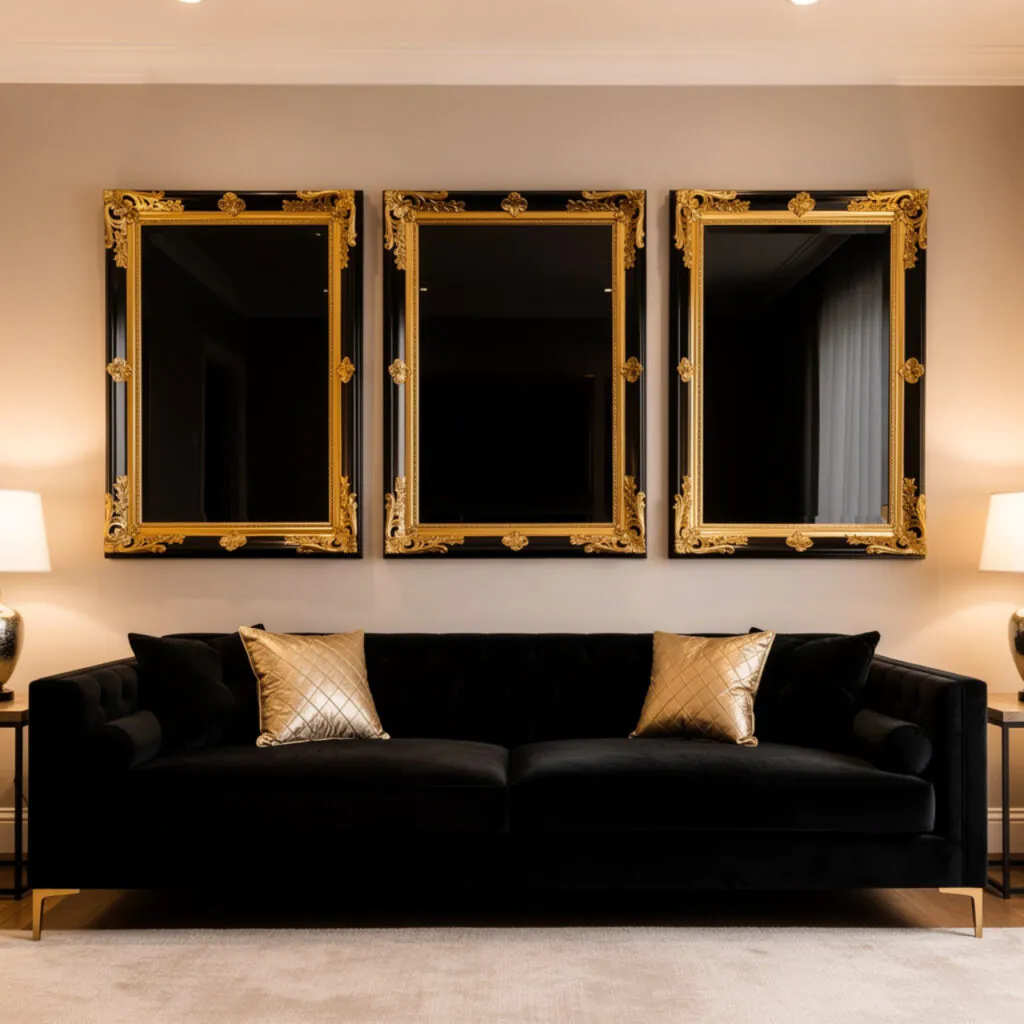 Black and Gold Gallery Wall Ideas Above Sofa