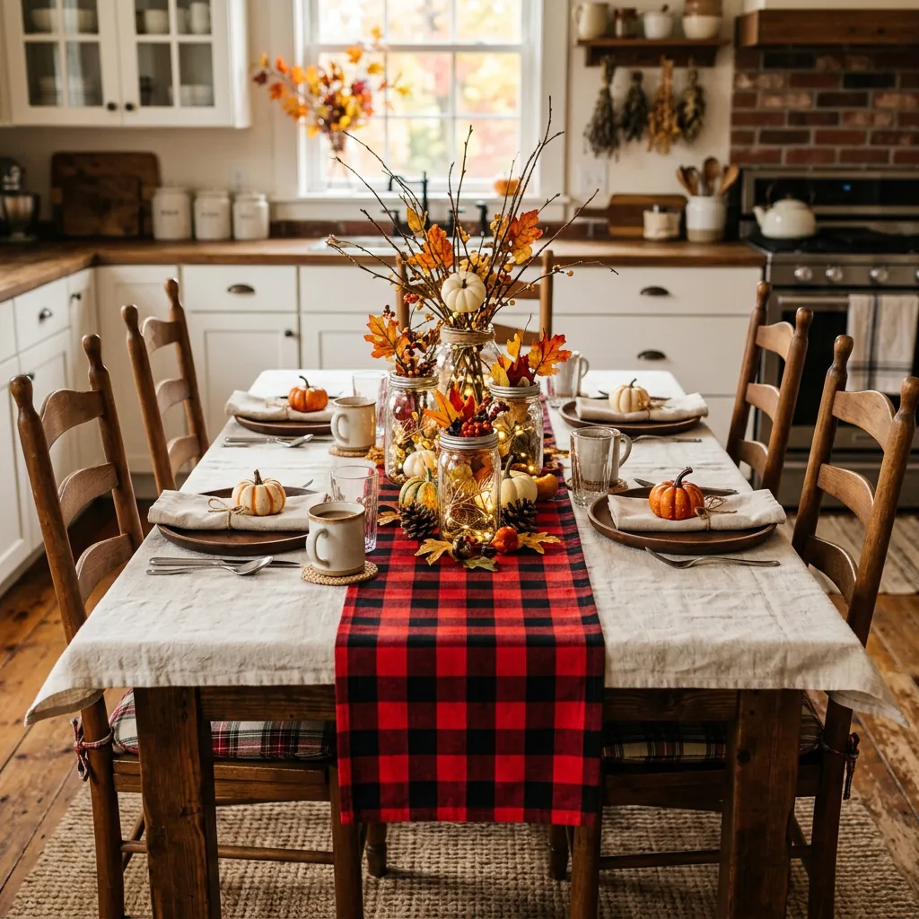 Farmhouse Plaid Runner Over Neutral Linens