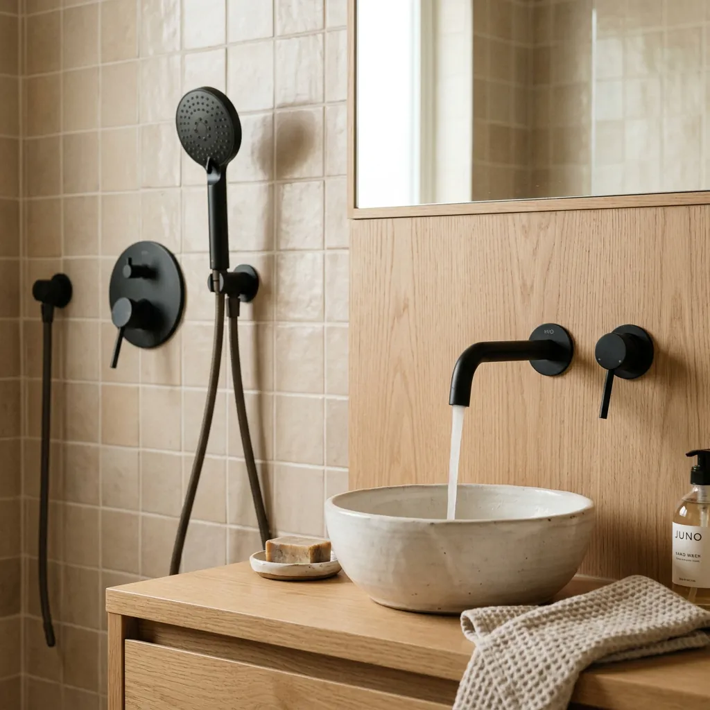 Matte Black Fixture Ideas for Japandi Bathrooms